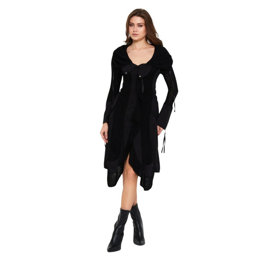 European Lana Wool Long Sleeve Midi Dress Black Avant Garde Asymmetrical Hem