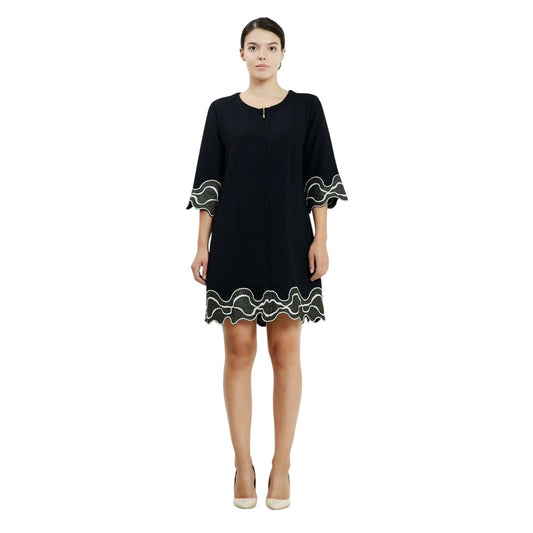 Black Crepe A-Line Embroidered Scallop Hem Casual Dress
