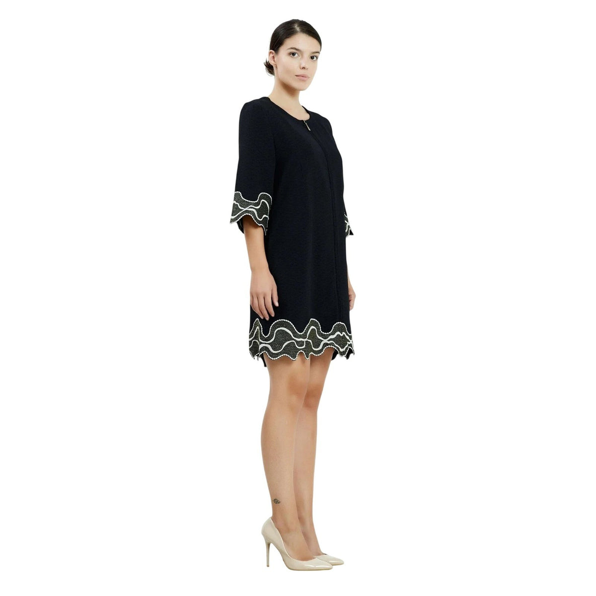 Black Crepe A-Line Embroidered Scallop Hem Casual Dress
