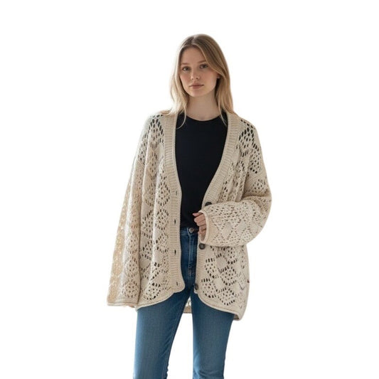 Vince Camuto Womens Pointelle Knit Cardigan Almond Cream V-Neck Sweater 91325213