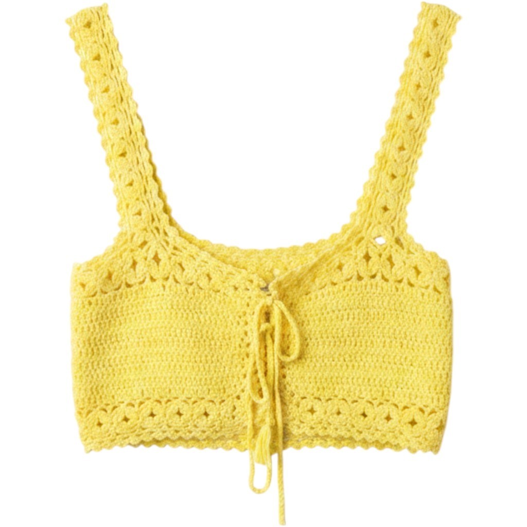 Cotton Emporium Yellow Crochet Crop Top Tie Front Festival Boho Camisole 7201 M