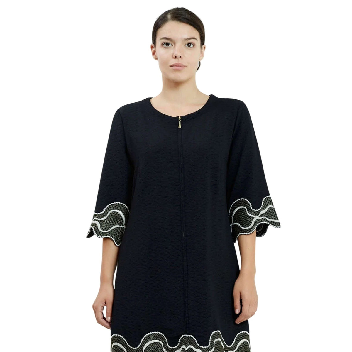 Black Crepe A-Line Embroidered Scallop Hem Casual Dress