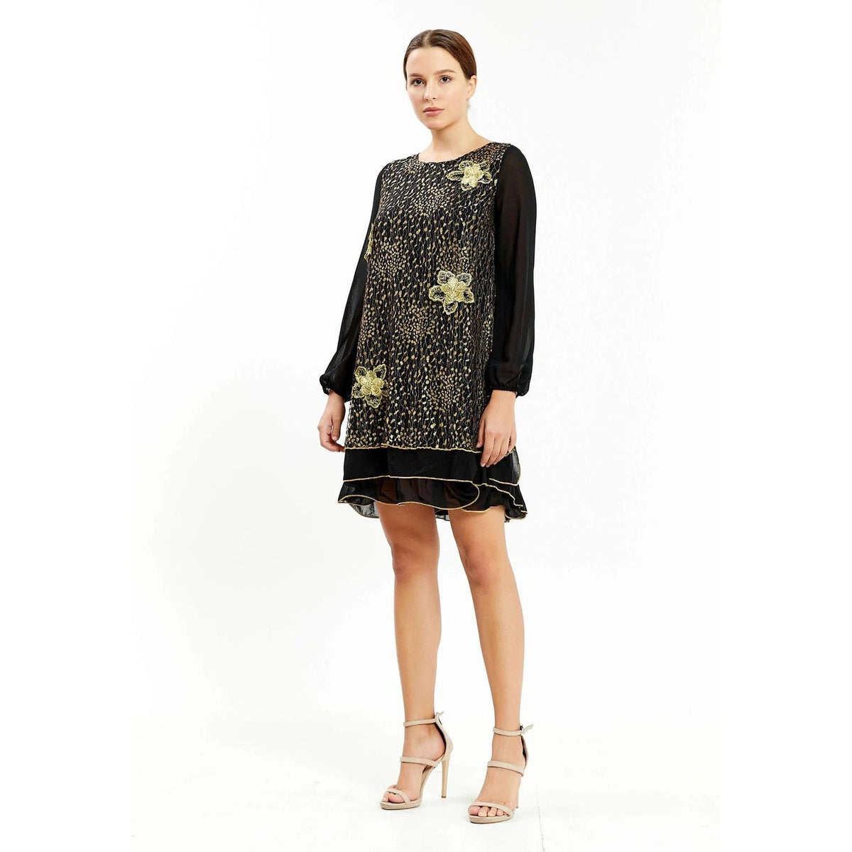 Black Gold Floral Lace Pleated Back Shift Chiffon Long Sleeve Cocktail Dress