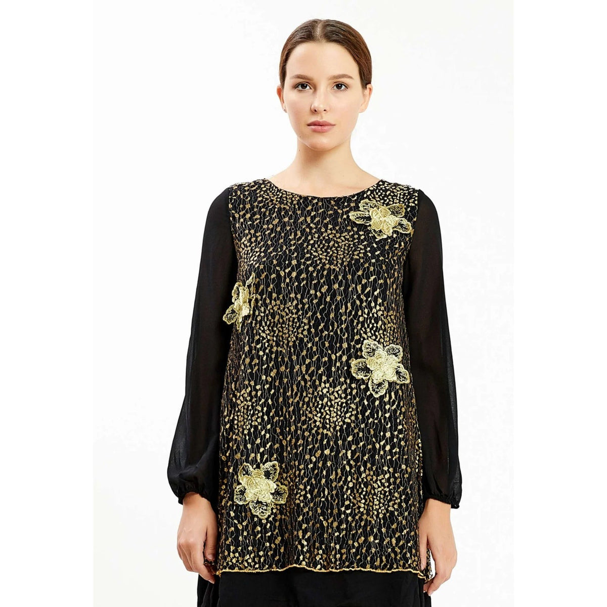 Black Gold Floral Lace Pleated Back Shift Chiffon Long Sleeve Cocktail Dress