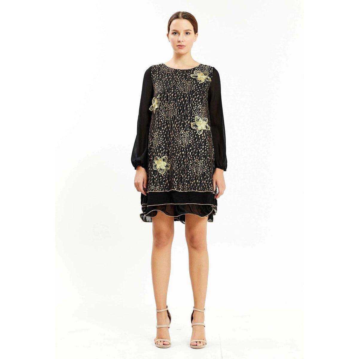 Black Gold Floral Lace Pleated Back Shift Chiffon Long Sleeve Cocktail Dress