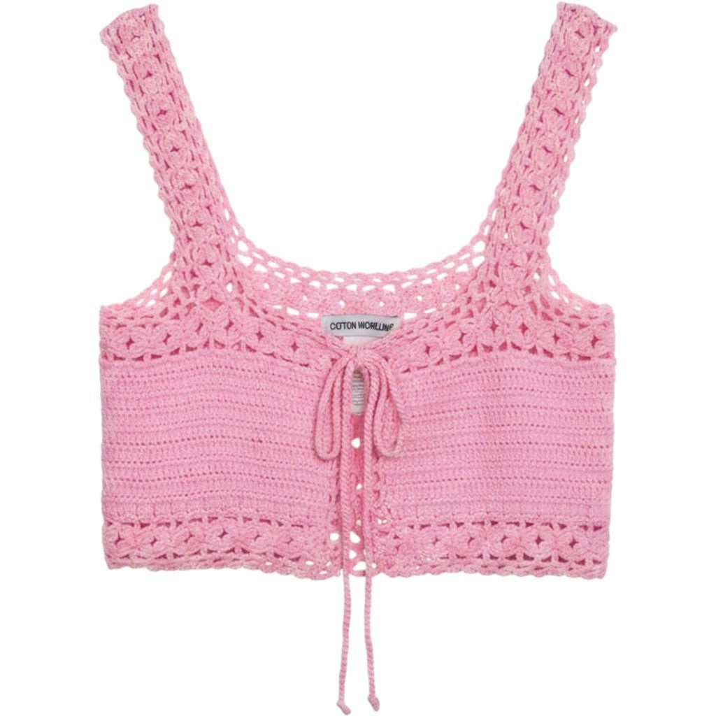 Cotton World Pink Crochet Crop Top Square Neck Front Tie Knit Festival Cami
