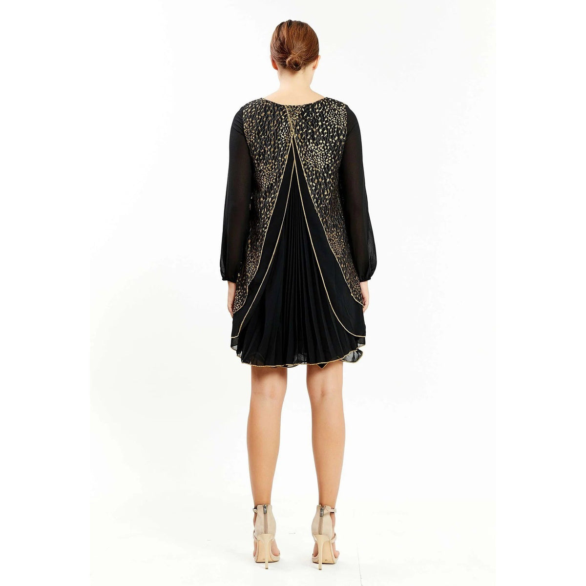 Black Gold Floral Lace Pleated Back Shift Chiffon Long Sleeve Cocktail Dress