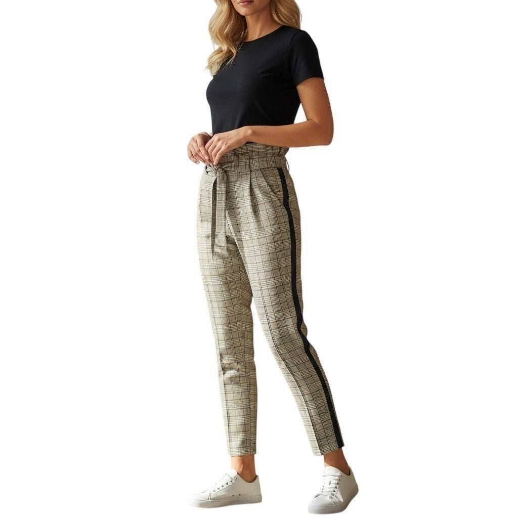 BBJ Los Angeles Plaid Paperbag Waist Tapered Pants with Side Stripe Tan Black