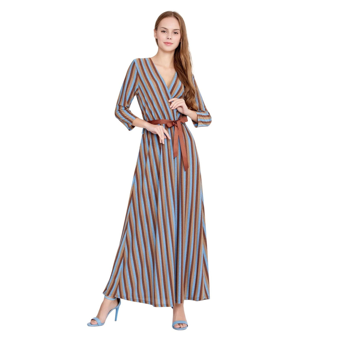 Blue Brown Striped Lycra Elegant Maxi Dress Wrap V-Neck 3/4 Sleeve Lurex