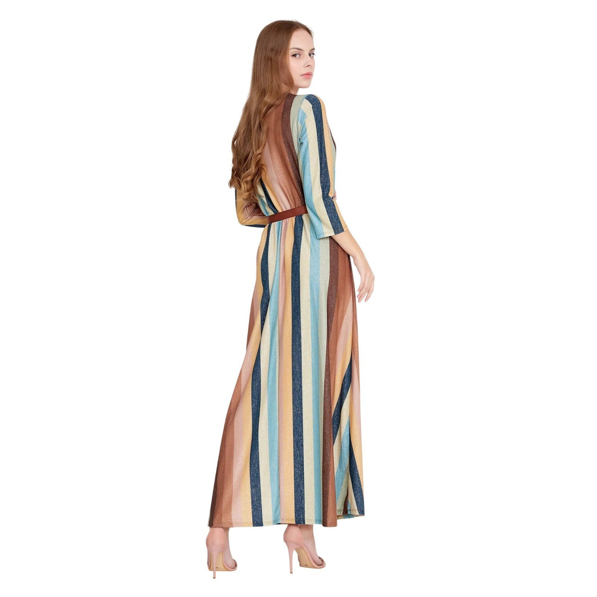 Mint-Brown Metallic Striped Maxi Dress Viscose Wrap V-Neck Lurex