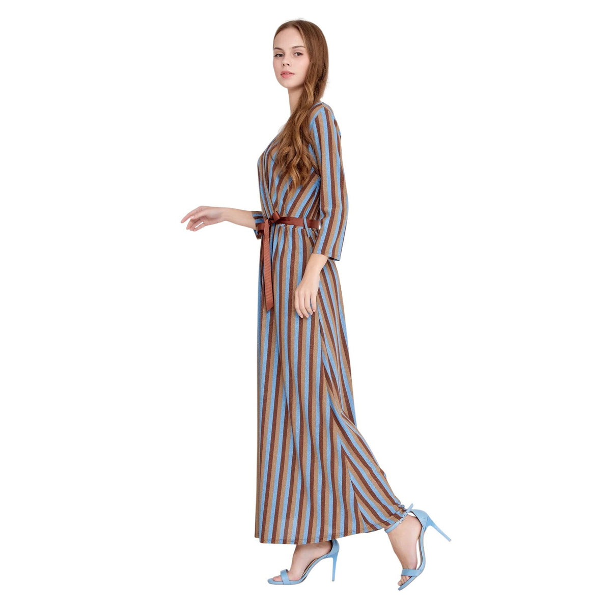 Blue Brown Striped Lycra Elegant Maxi Dress Wrap V-Neck 3/4 Sleeve Lurex