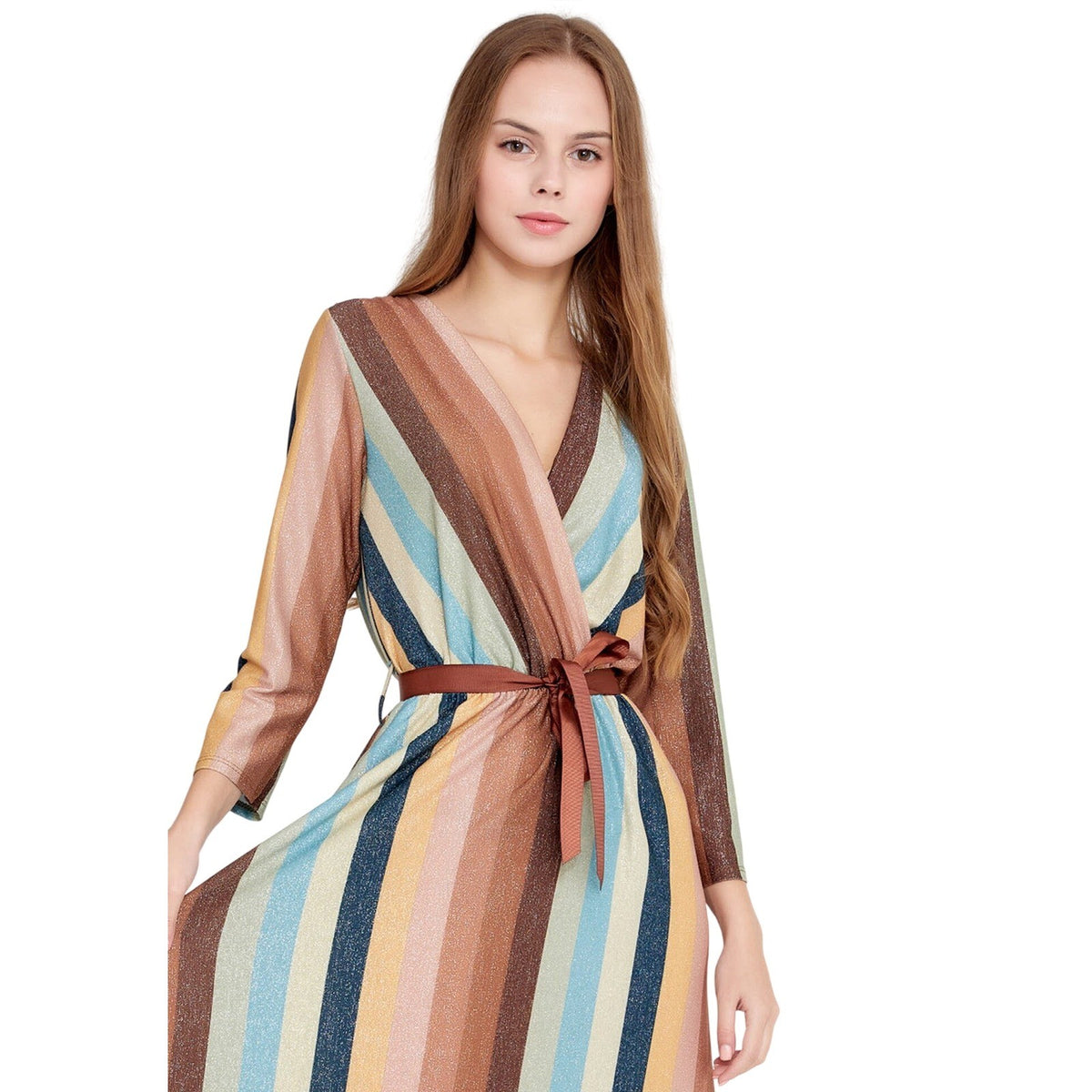 Mint-Brown Metallic Striped Maxi Dress Viscose Wrap V-Neck Lurex