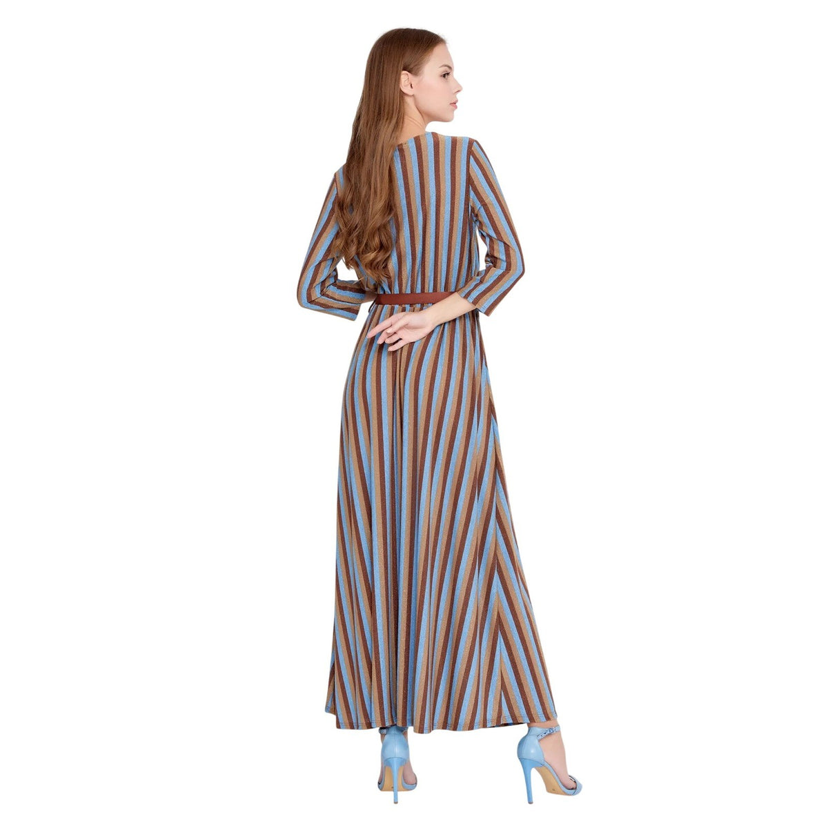 Blue Brown Striped Lycra Elegant Maxi Dress Wrap V-Neck 3/4 Sleeve Lurex