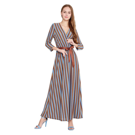 Blue Brown Striped Lycra Elegant Maxi Dress Wrap V-Neck 3/4 Sleeve Lurex