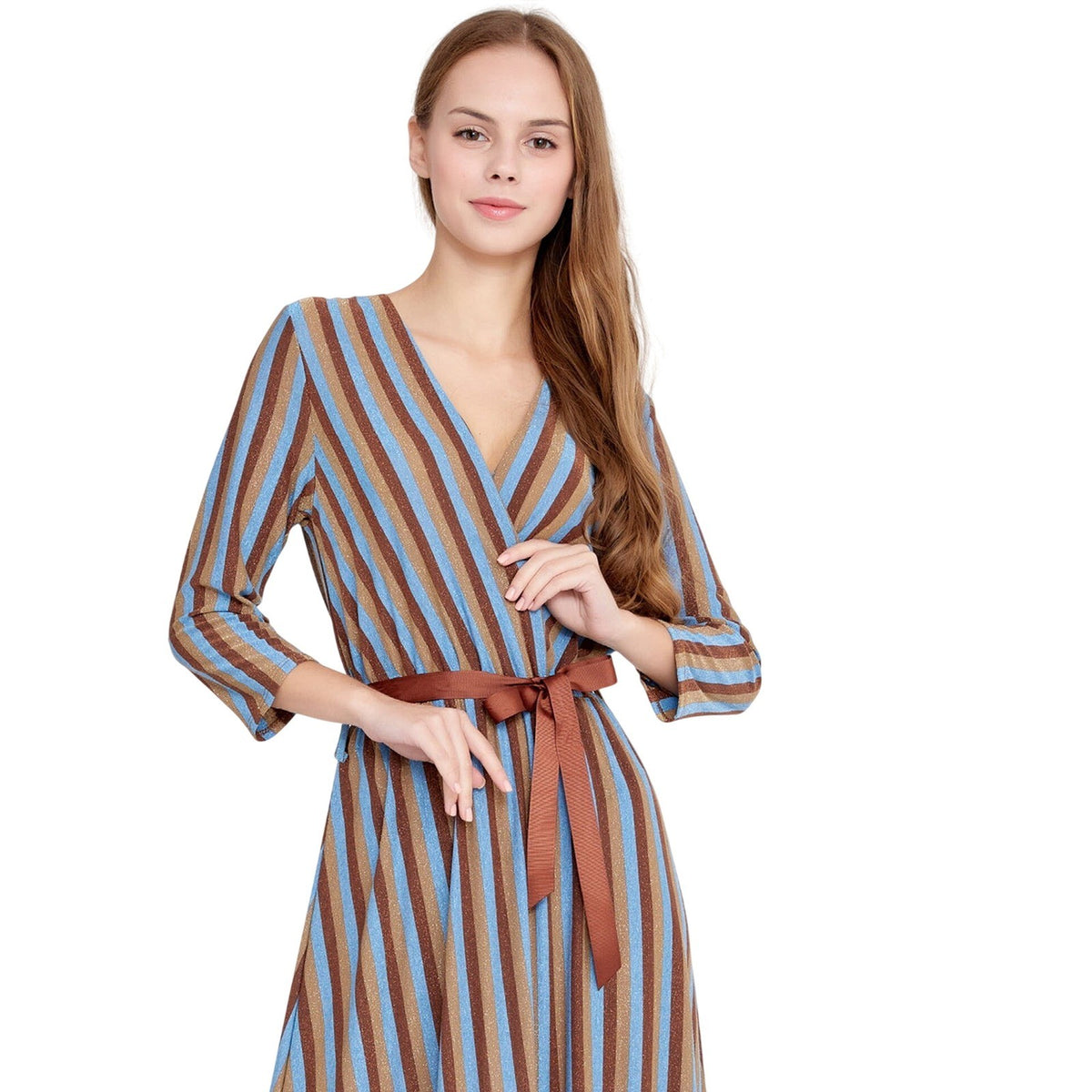 Blue Brown Striped Lycra Elegant Maxi Dress Wrap V-Neck 3/4 Sleeve Lurex