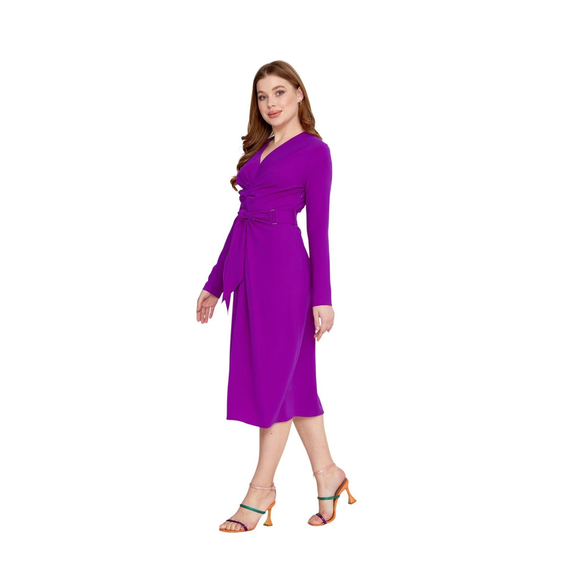 Purple Crepe V-Neck Long Sleeve Midi Elegant Dress with Belt