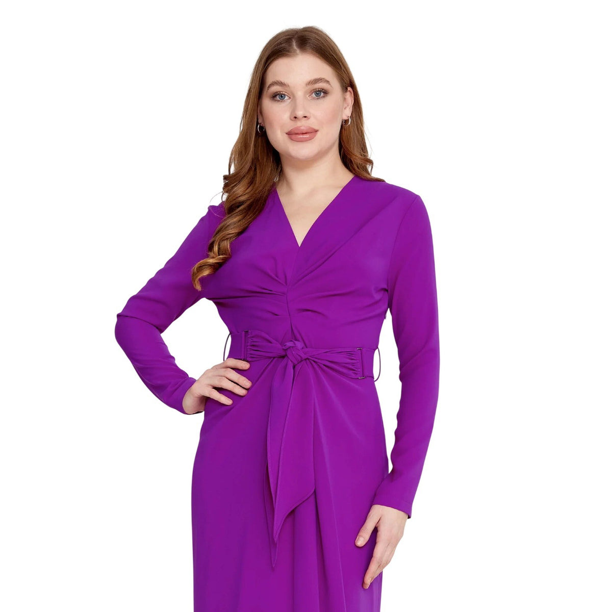 Purple Crepe V-Neck Long Sleeve Midi Elegant Dress with Belt