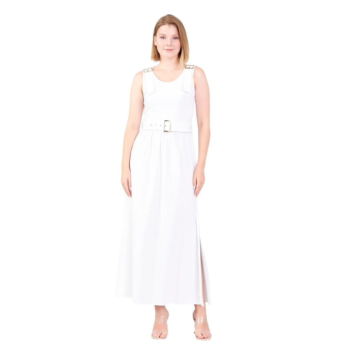 White Sleeveless Viscose Polyester Blend Belted Maxi Casual Dress