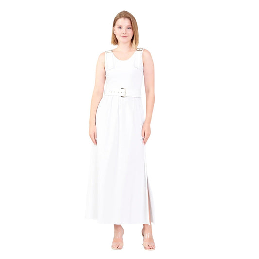 White Sleeveless Viscose Polyester Blend Belted Maxi Casual Dress