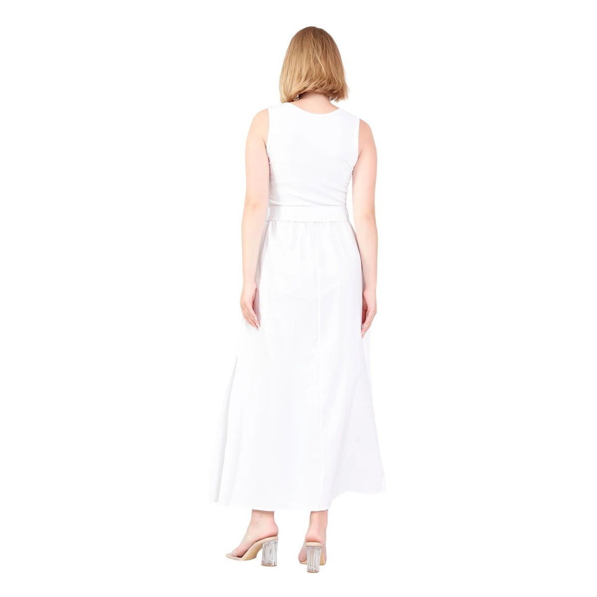 White Sleeveless Viscose Polyester Blend Belted Maxi Casual Dress