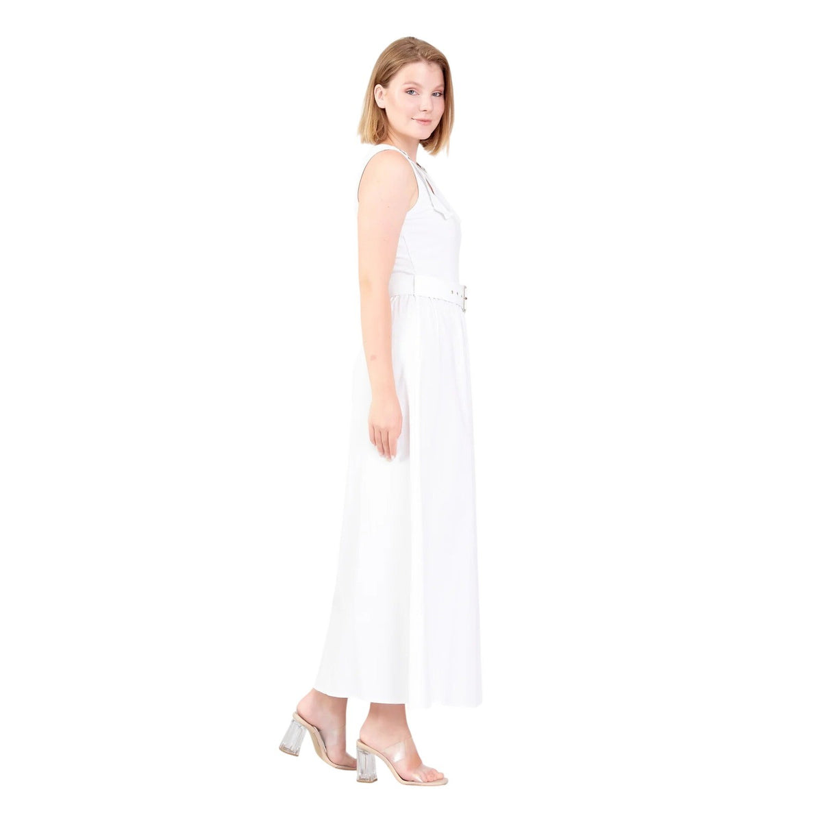 White Sleeveless Viscose Polyester Blend Belted Maxi Casual Dress