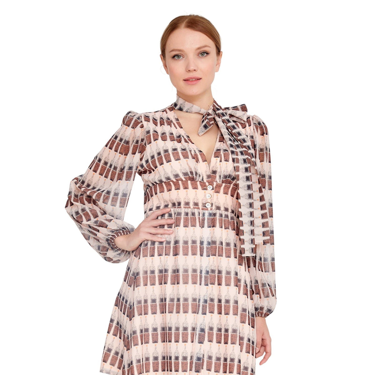 Pink Brown Chiffon Bottle Print Pussy Bow V-Neck Mini Dress