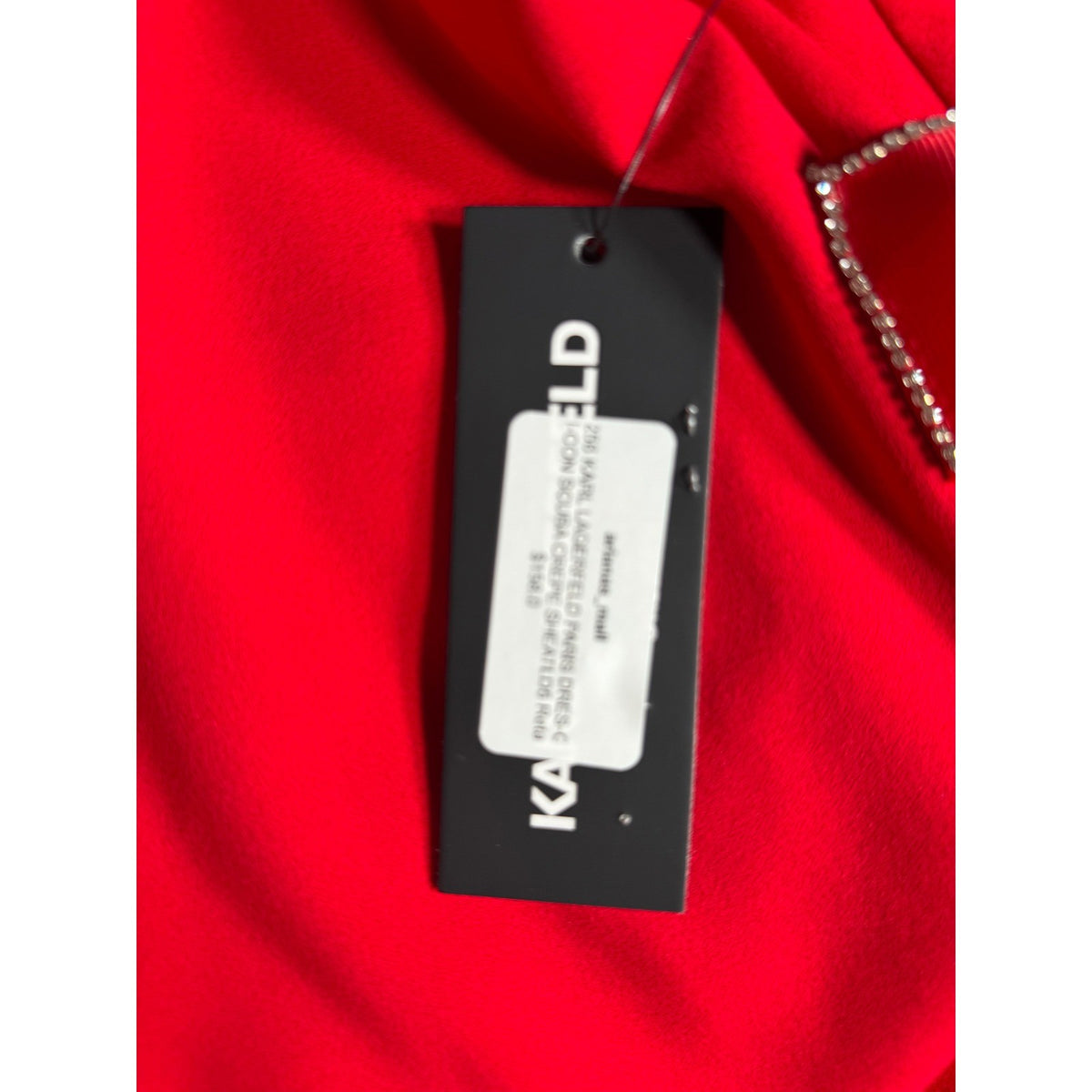 Karl Lagerfeld Paris Red Scuba Crepe Sheath Dress Rhinestone Bow Accents NWT 12