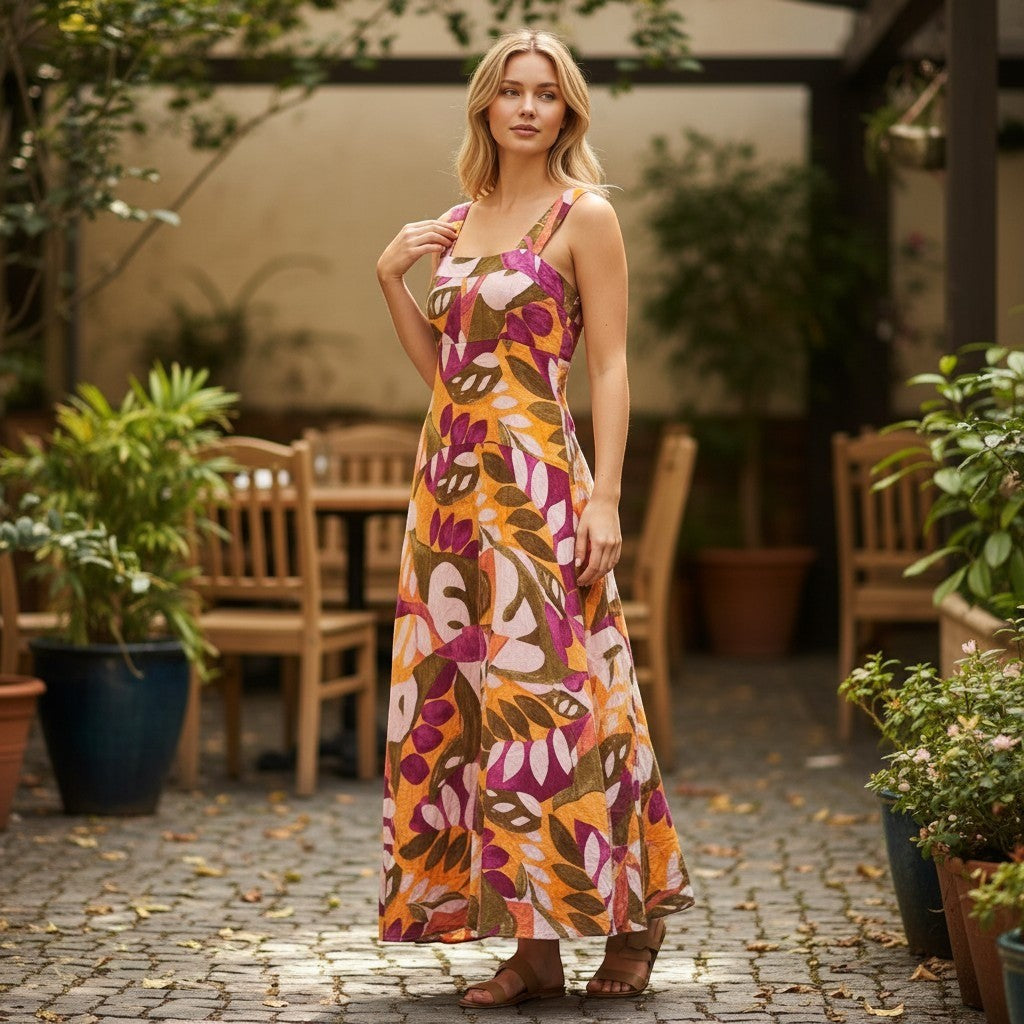 Vince Camuto Getaway Maxi Dress Ecru Olive Tropical Leaf Print 91325972 S