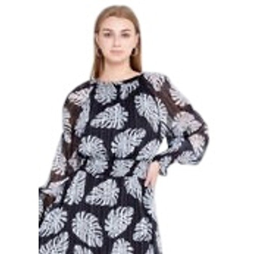 Black White Chiffon Monstera Leaf Pleated Smocked Mini Dress
