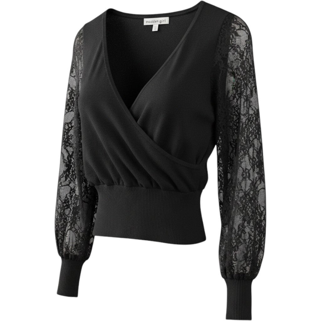 Madden Girl Black Lace Sleeve Wrap V-Neck Sweater Top RAH3700MC Small NWT