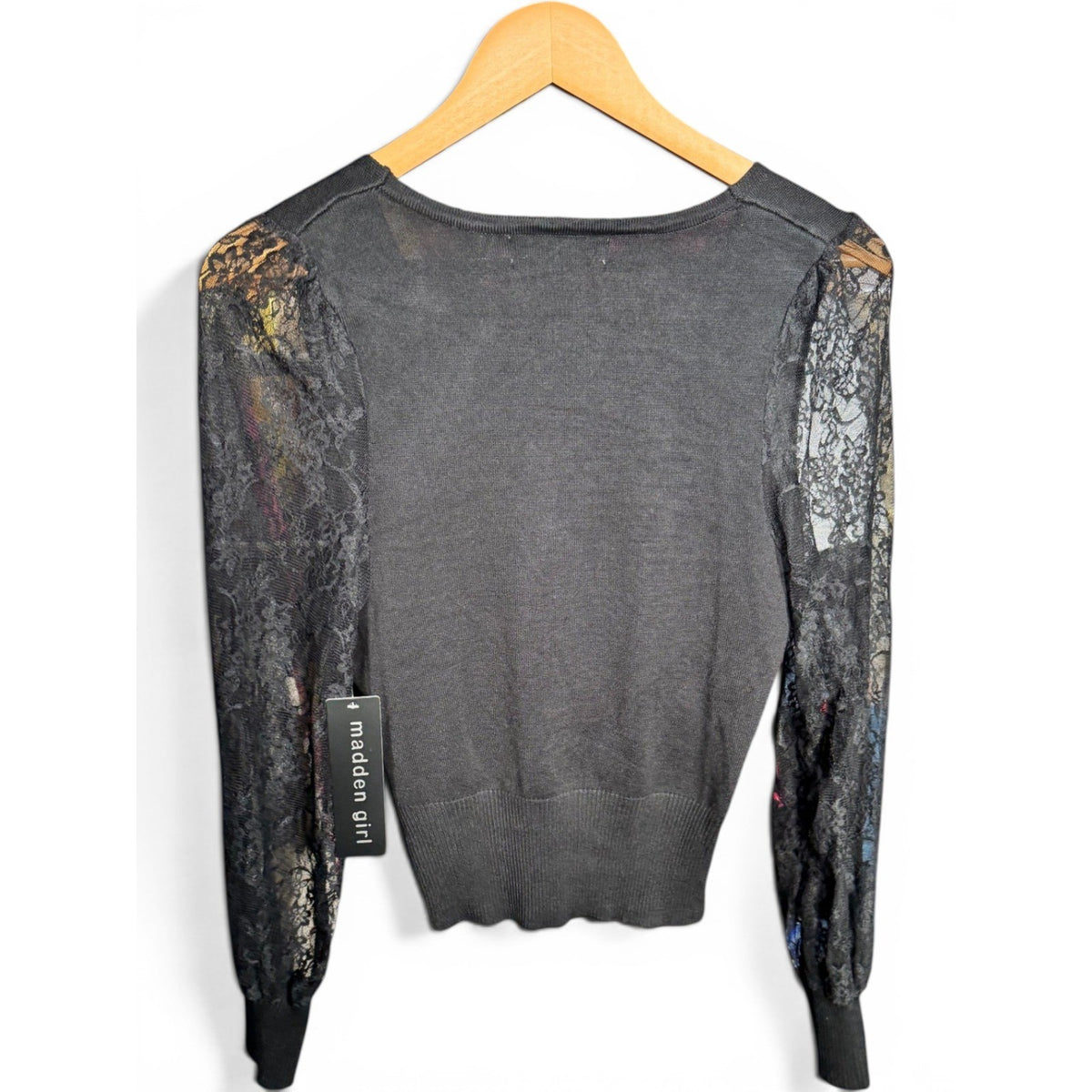 Madden Girl Black Lace Sleeve Wrap V-Neck Sweater Top RAH3700MC Small NWT