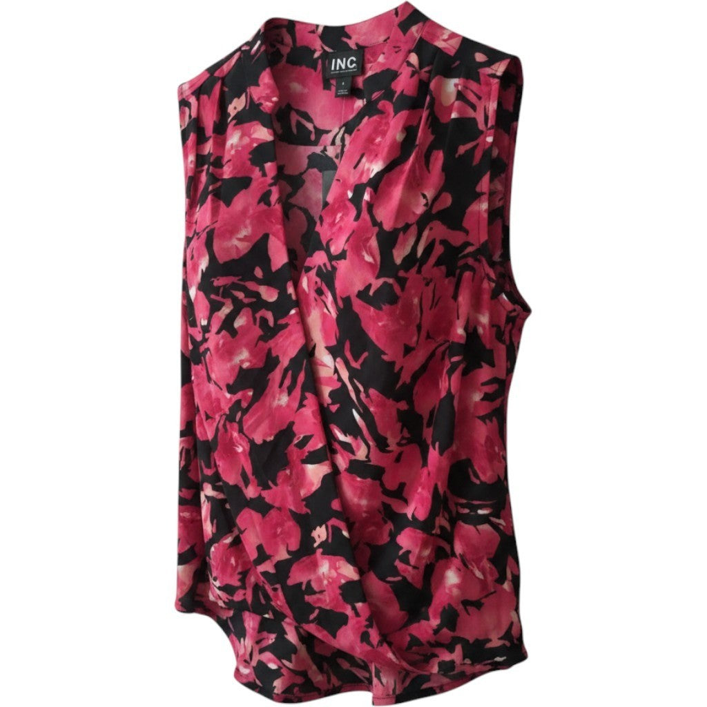 INC International Concepts Painted Garden Floral Sleeveless Blouse Pink Black XS