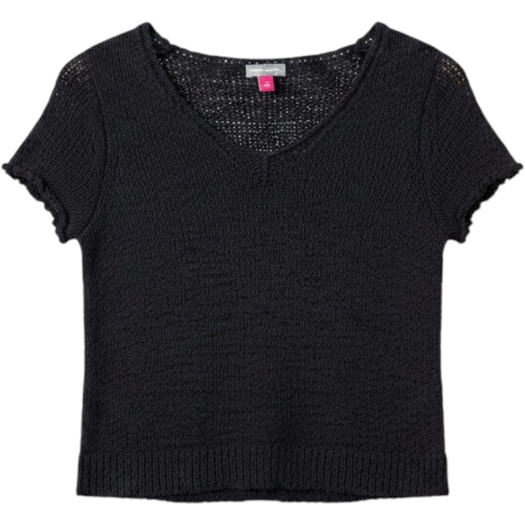Vince Camuto Womens XS Black Open Knit V-Neck Short Sleeve Sweater Crop Top
