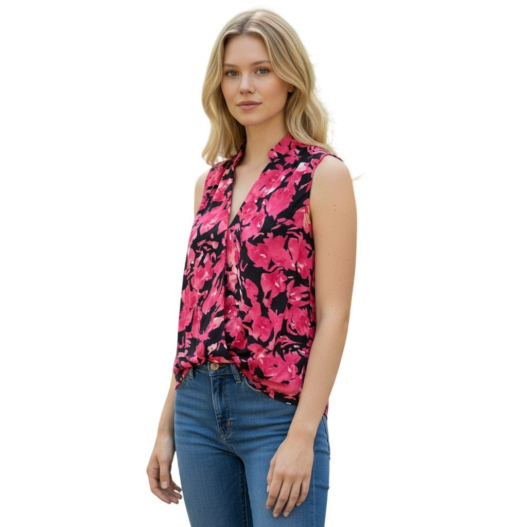 INC International Concepts Painted Garden Floral Sleeveless Blouse Pink Black S