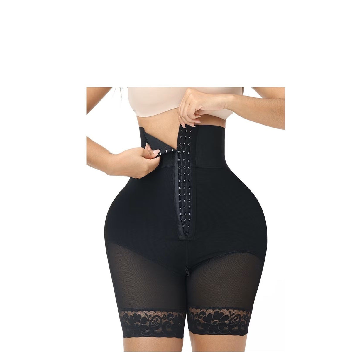 Luxserene High Waist Shapewear Shorts Tummy Control Lace Trim Black Compression