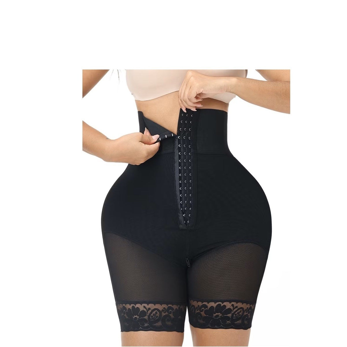 Luxserene High Waist Shapewear Shorts Tummy Control Lace Trim Black Compression