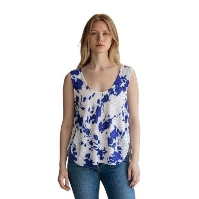 Calvin Klein Womens Blue White Abstract Print Eyelet Sleeveless Top 44F126G M