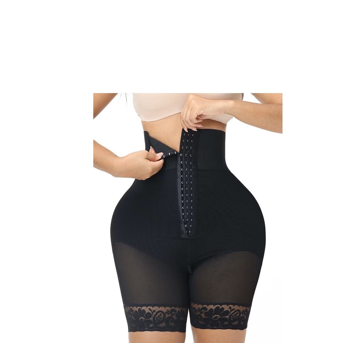 Luxseren High Waist Shapewear Shorts Tummy Control Lace Trim Black Compression S
