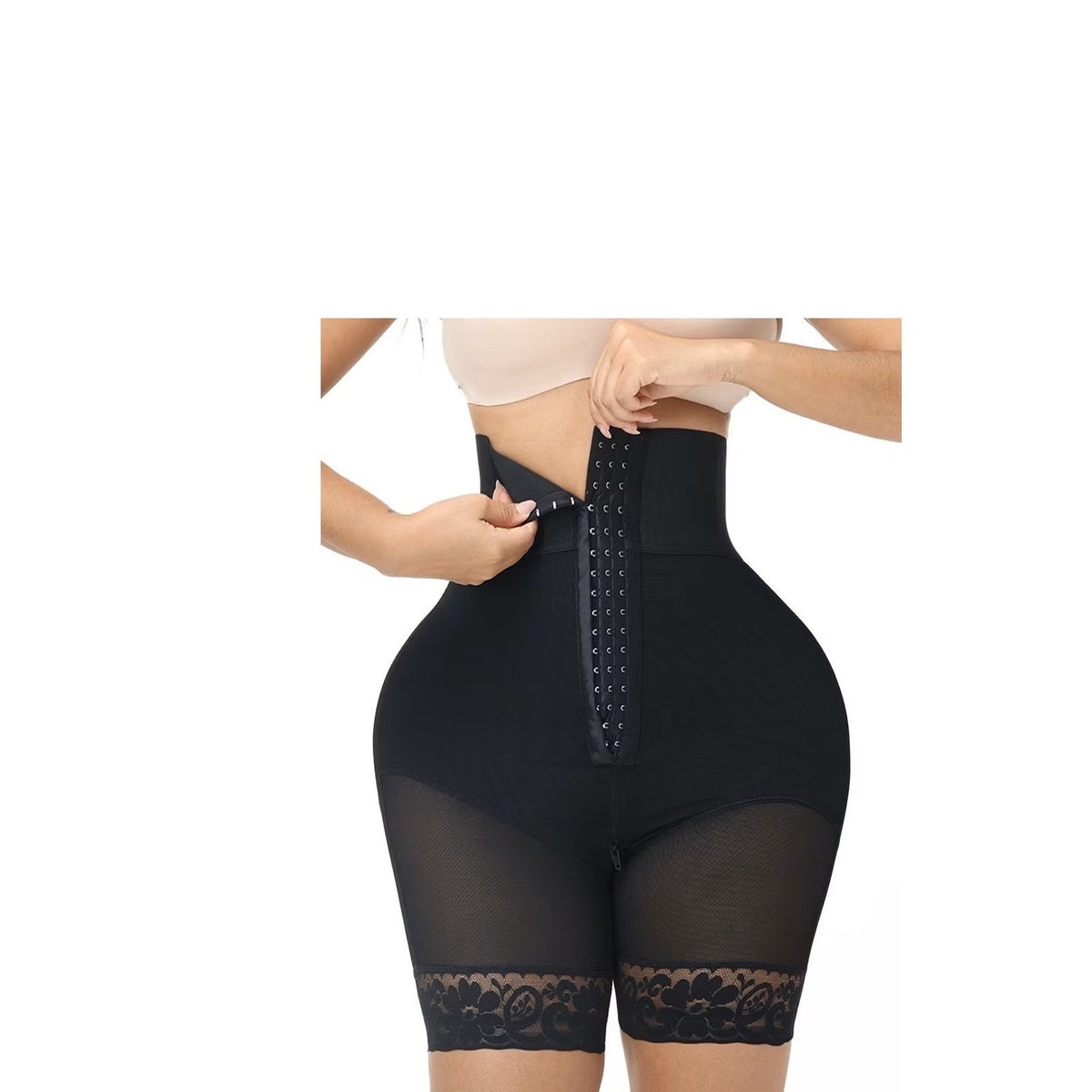 Luxseren High Waist Shapewear Shorts Tummy Control Lace Trim Black Compression S