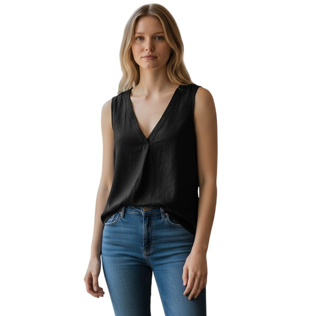 Vince Camuto Womens Fresh Tropics Linen V-Neck Pleat Top Black XL 91325B011