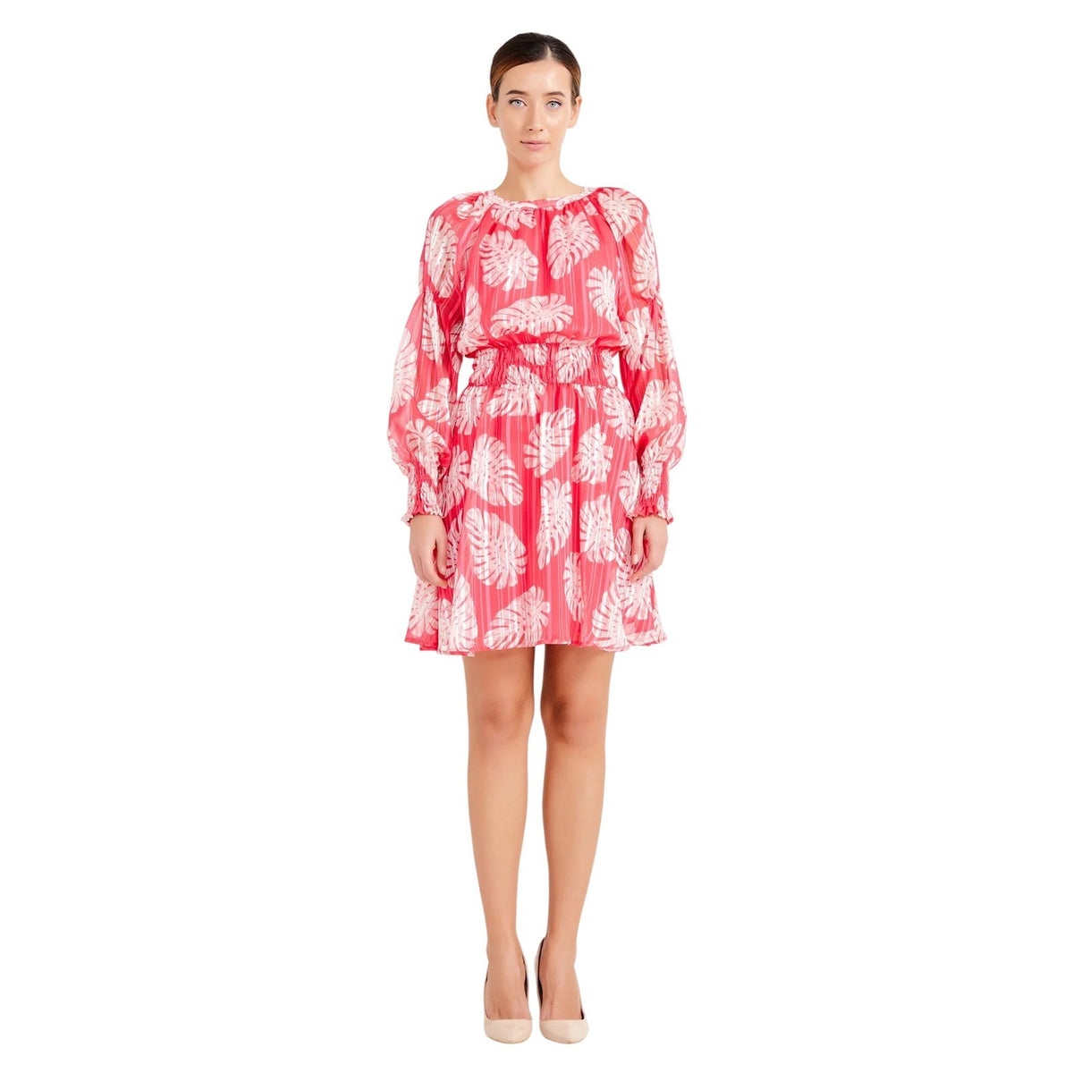 Fuchsia Chiffon Mini Dress Tropical Leaf Print Smocked Waist Pink