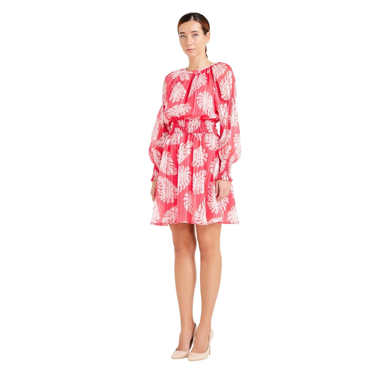 Fuchsia Chiffon Mini Dress Tropical Leaf Print Smocked Waist Pink