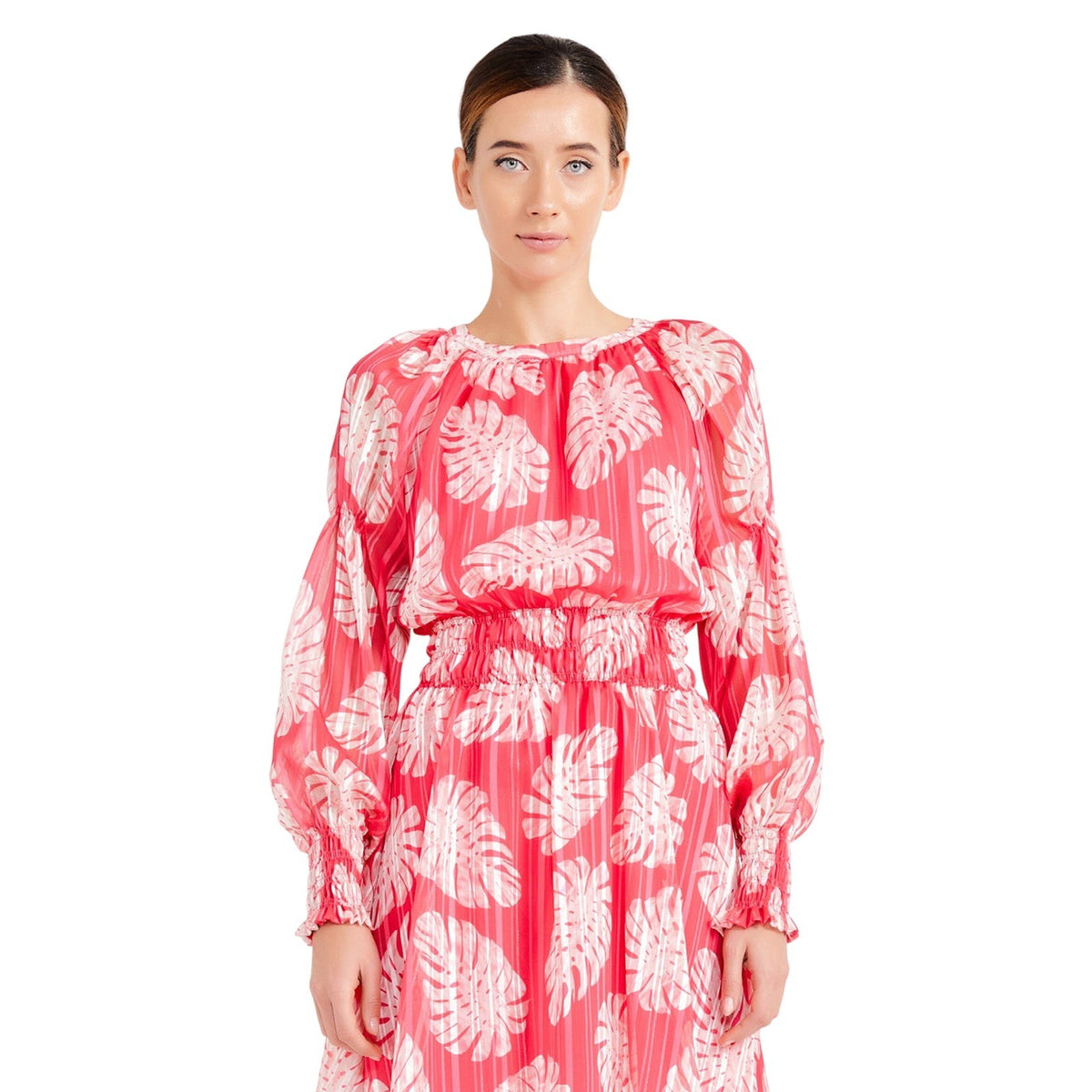 Fuchsia Chiffon Mini Dress Tropical Leaf Print Smocked Waist Pink