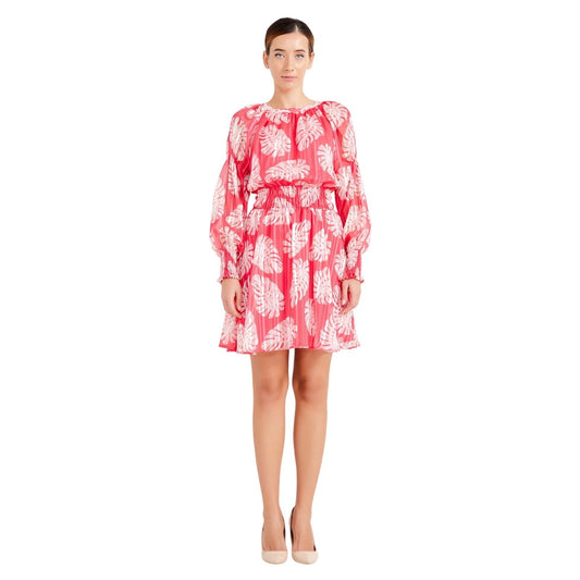 Fuchsia Chiffon Mini Dress Tropical Leaf Print Smocked Waist Pink