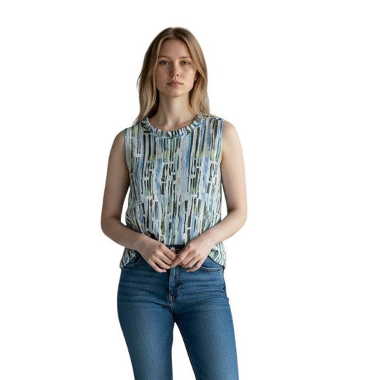 Calvin Klein Womens XL Blue Green Abstract Plisse Ruffle Neck Shell Top S54T998F