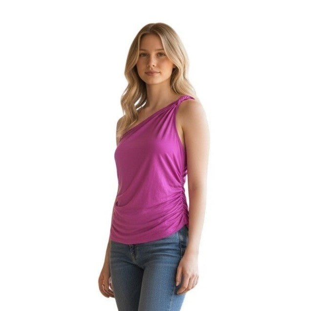 INC International Concepts One Shoulder Braided Strap Ruched Top Dutch Pink M