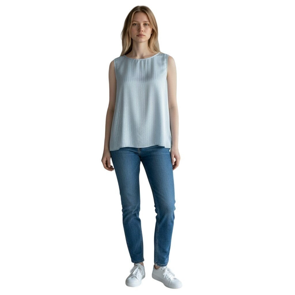 Vince Camuto Frozen Blue Metallic Pinstripe Sleeveless Blouse Top 912258086 XL