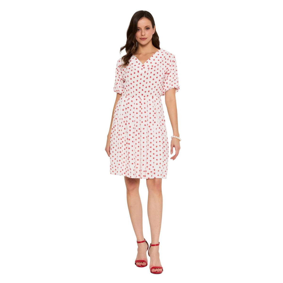 Red And White Polka Dot Crepe Short Dress V-Neck Puff Sleeve A-Line