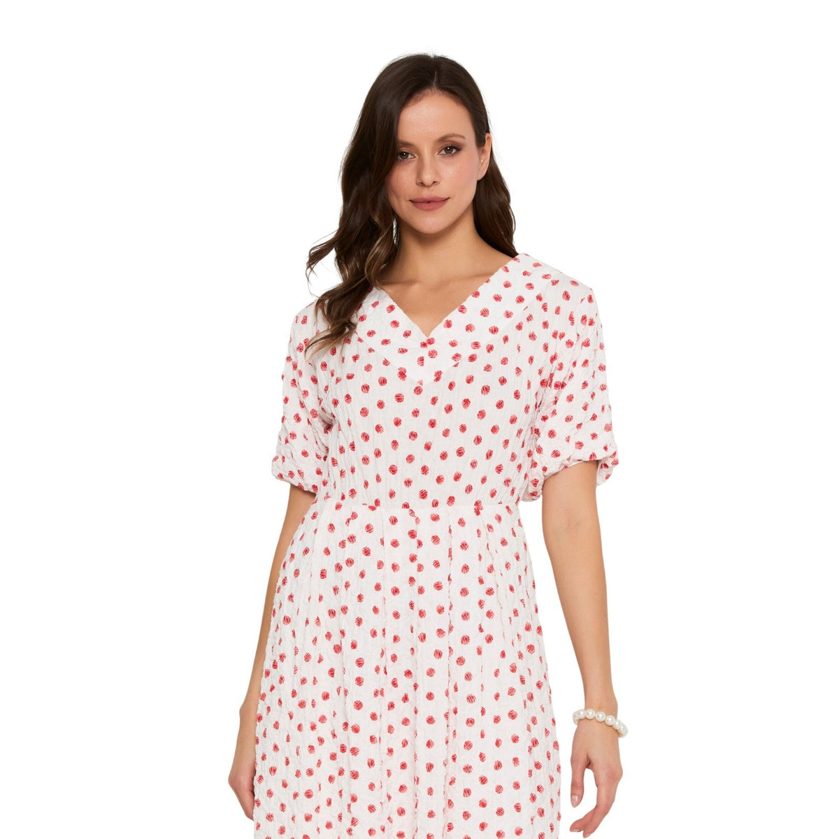 Red And White Polka Dot Crepe Short Dress V-Neck Puff Sleeve A-Line