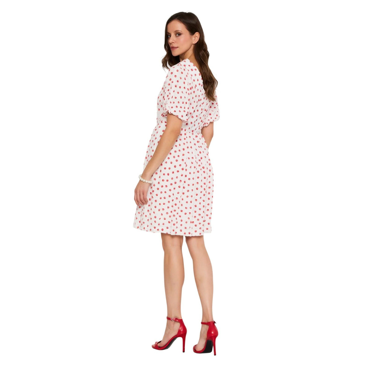 Red And White Polka Dot Crepe Short Dress V-Neck Puff Sleeve A-Line